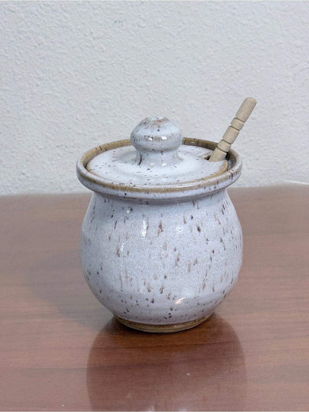 Handmade Glazed Stoneware Honey Pot, Lid & Dipper White